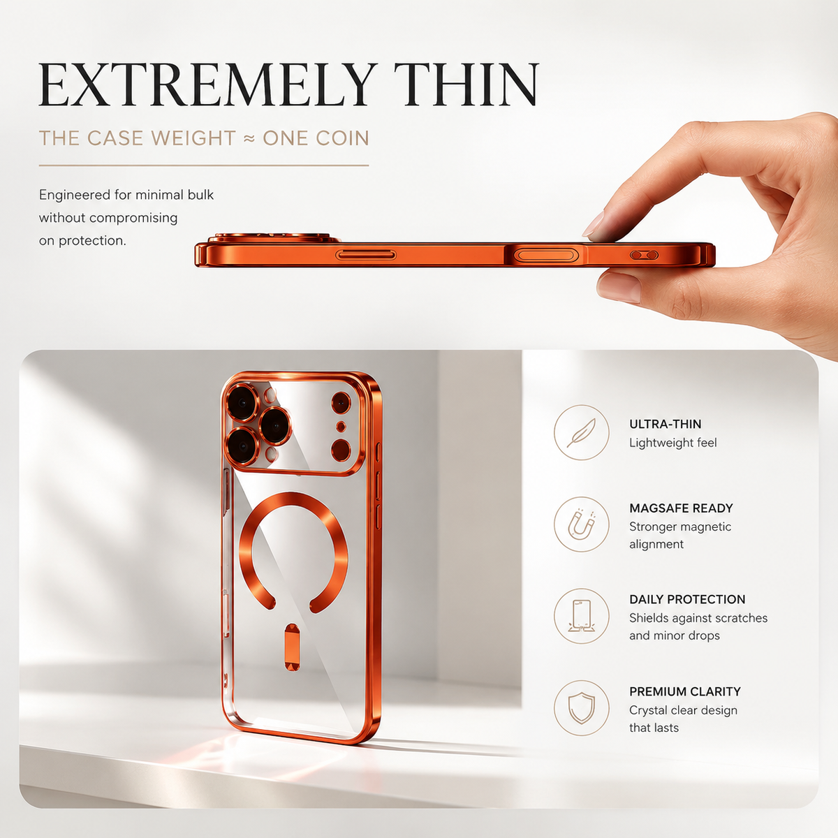 Premium iPhone Case Orange Magnetic Clear TPU Cover with Plated Edge Soft Shockproof Protective Design Wireless Charging Compatible Slim Business Style