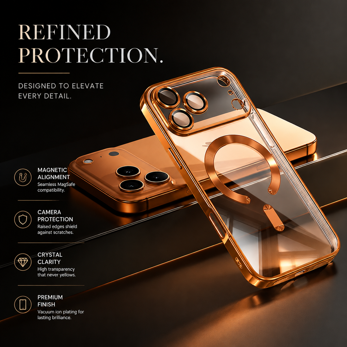 Premium iPhone Case Orange Magnetic Clear TPU Cover with Plated Edge Soft Shockproof Protective Design Wireless Charging Compatible Slim Business Style
