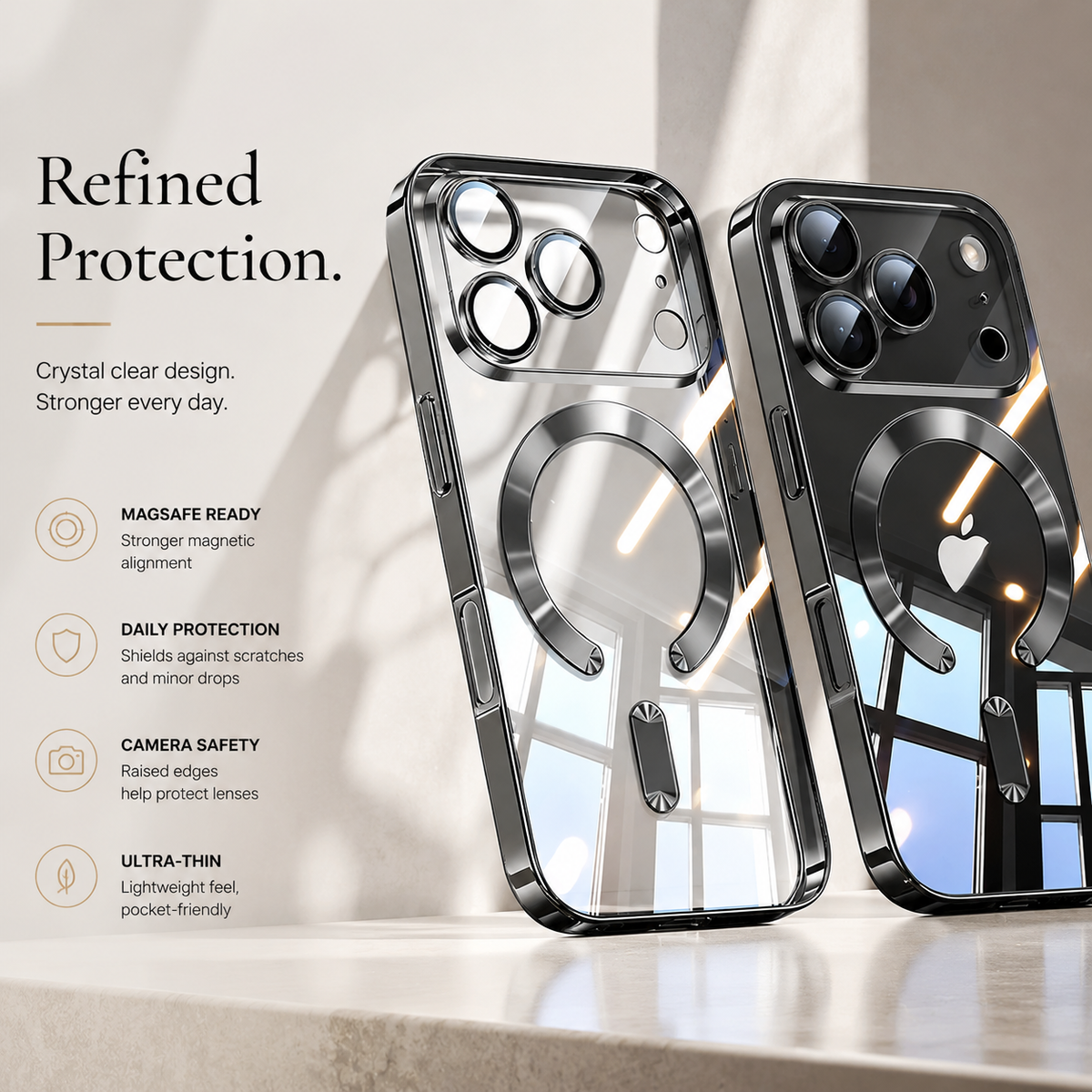 Premium iPhone Case Orange Magnetic Clear TPU Cover with Plated Edge Soft Shockproof Protective Design Wireless Charging Compatible Slim Business Style