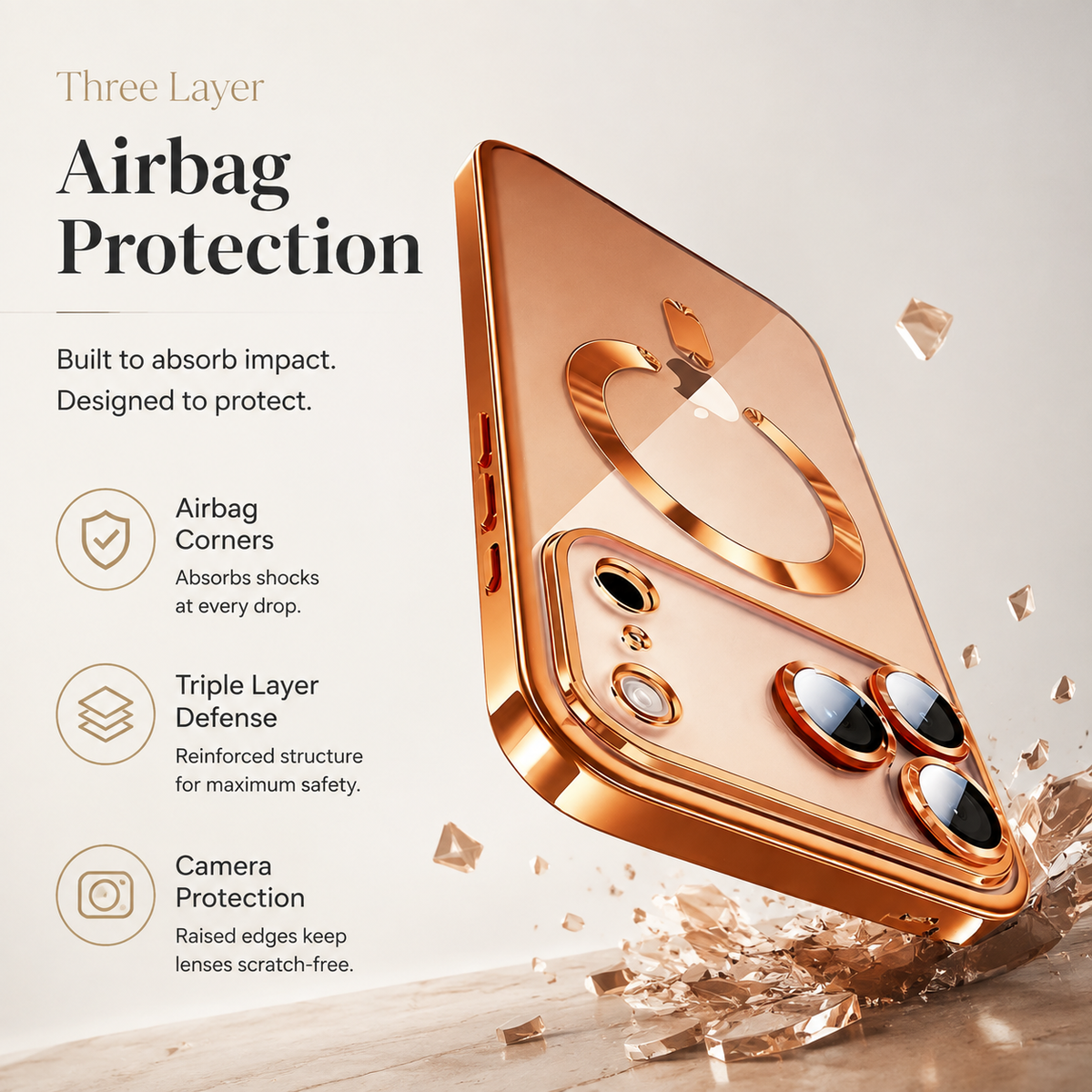 Premium iPhone Case Orange Magnetic Clear TPU Cover with Plated Edge Soft Shockproof Protective Design Wireless Charging Compatible Slim Business Style