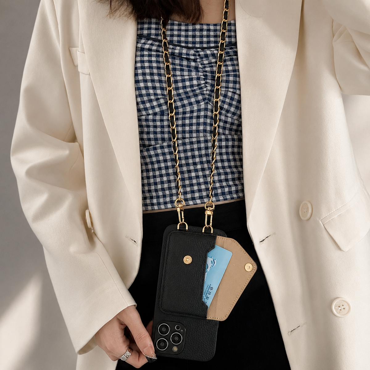 Premium iPhone Case PU Leather Crossbody Wallet Card Holder Detachable Chain Strap Lanyard Full Coverage Shockproof Anti Scratch Non Slip Slim Fit Use