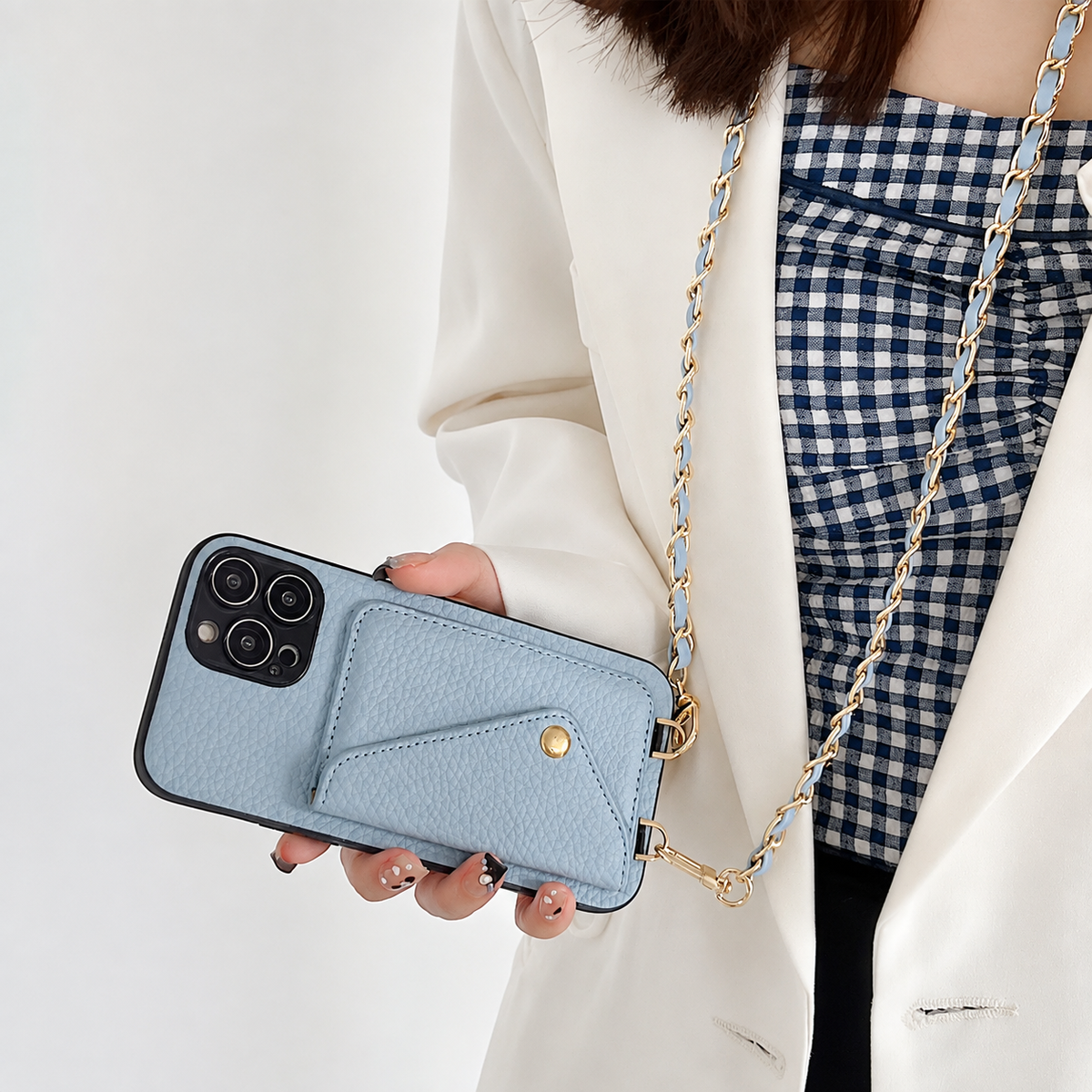 Premium iPhone Case PU Leather Crossbody Wallet Card Holder Detachable Chain Strap Lanyard Full Coverage Shockproof Anti Scratch Non Slip Slim Fit Use