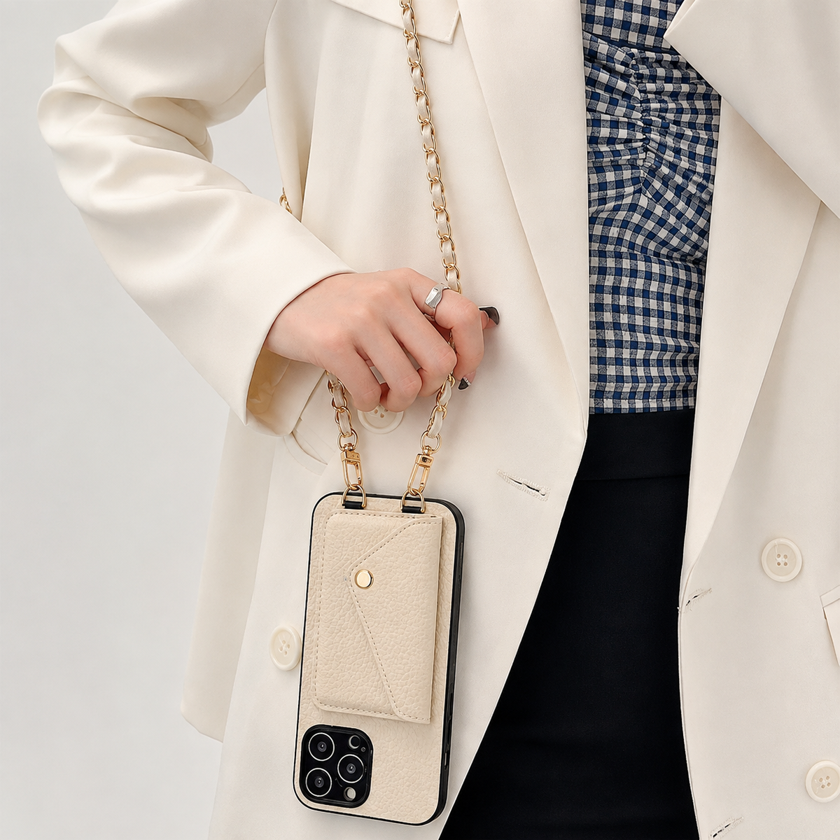 Premium iPhone Case PU Leather Crossbody Wallet Card Holder Detachable Chain Strap Lanyard Full Coverage Shockproof Anti Scratch Non Slip Slim Fit Use