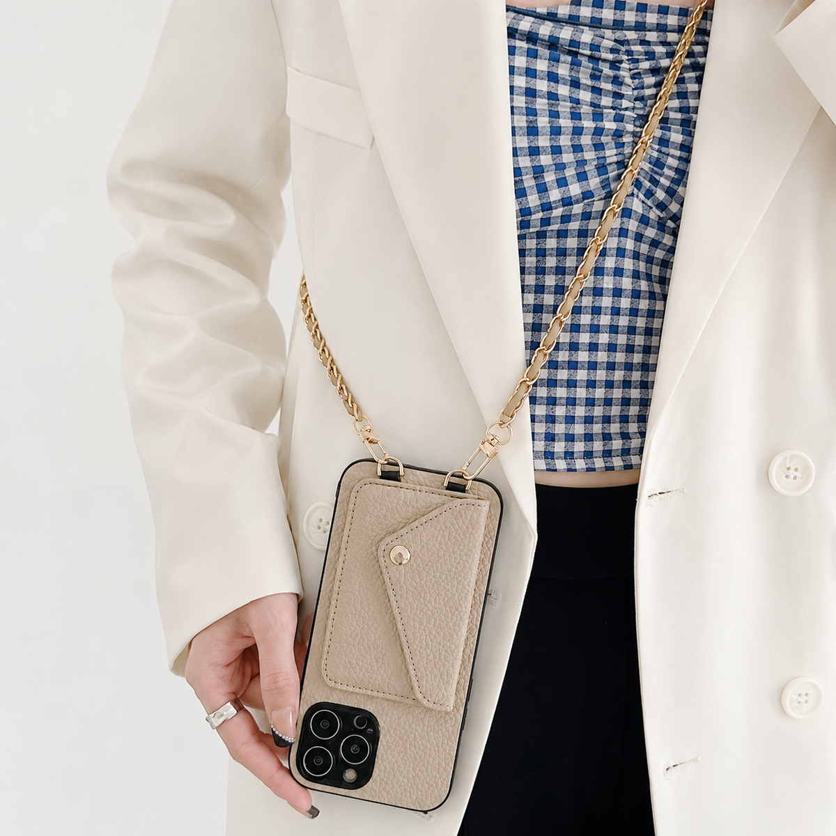 Premium iPhone Case PU Leather Crossbody Wallet Card Holder Detachable Chain Strap Lanyard Full Coverage Shockproof Anti Scratch Non Slip Slim Fit Use