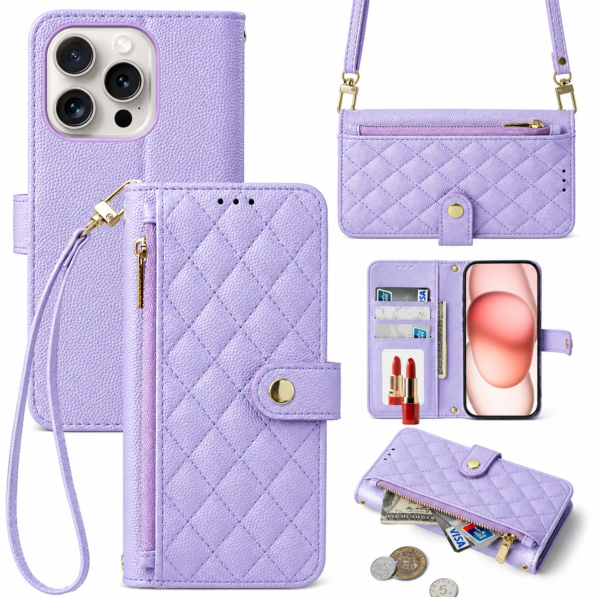 Premium iPhone Case PU Leather Crossbody Wallet Card Holder Lanyard Strap Anti Scratch Non Slip Protective Cover Slim Portable Everyday Carry & Design