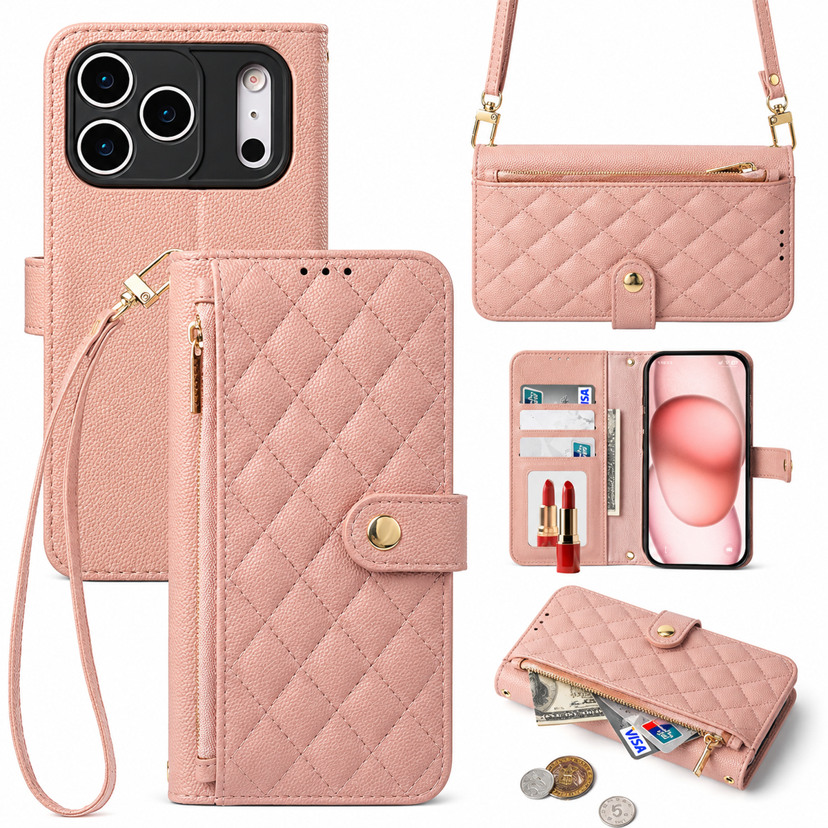 Premium iPhone Case PU Leather Crossbody Wallet Card Holder Lanyard Strap Anti Scratch Non Slip Protective Cover Slim Portable Everyday Carry & Design