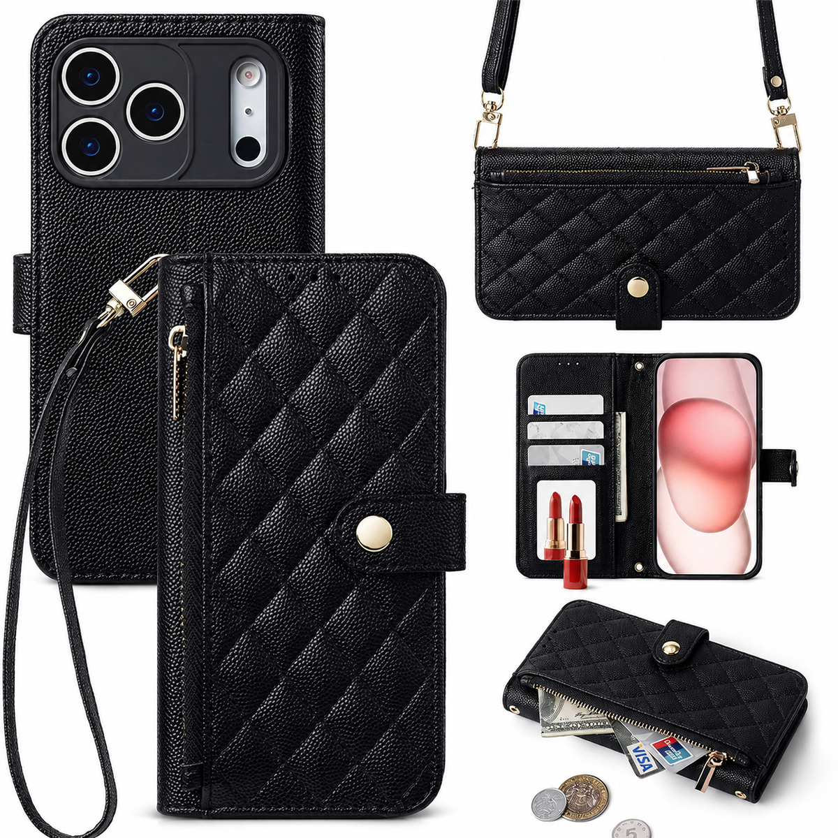 Premium iPhone Case PU Leather Crossbody Wallet Card Holder Lanyard Strap Anti Scratch Non Slip Protective Cover Slim Portable Everyday Carry & Design