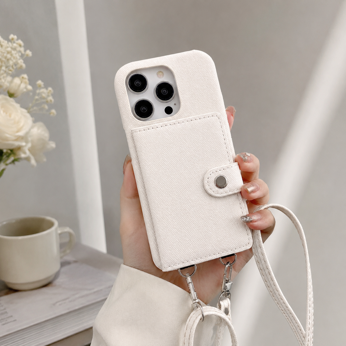 Premium iPhone Case PU Leather Wallet Crossbody Flip Cover Card Pocket Shoulder Strap Magnetic Closure Shockproof Full Coverage Slim Design