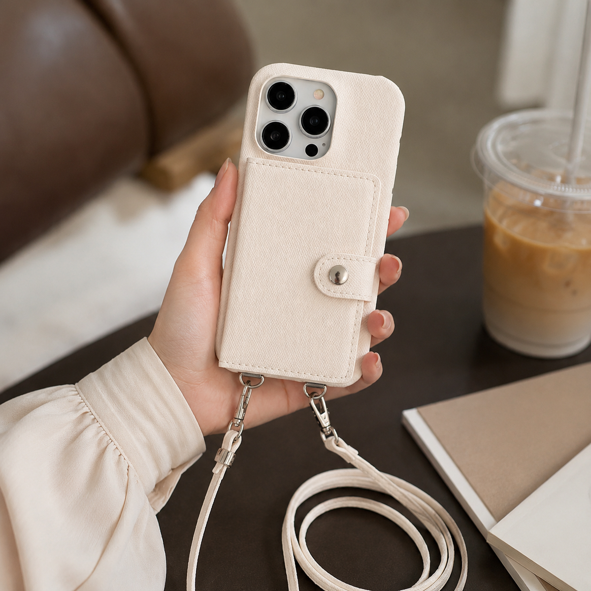 Premium iPhone Case PU Leather Wallet Crossbody Flip Cover Card Pocket Shoulder Strap Magnetic Closure Shockproof Full Coverage Slim Design