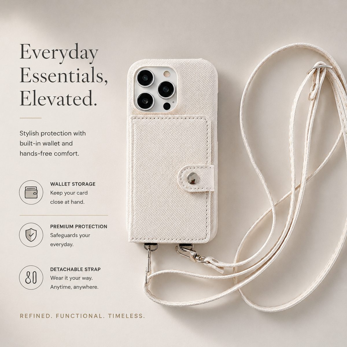 Premium iPhone Case PU Leather Wallet Crossbody Flip Cover Card Pocket Shoulder Strap Magnetic Closure Shockproof Full Coverage Slim Design
