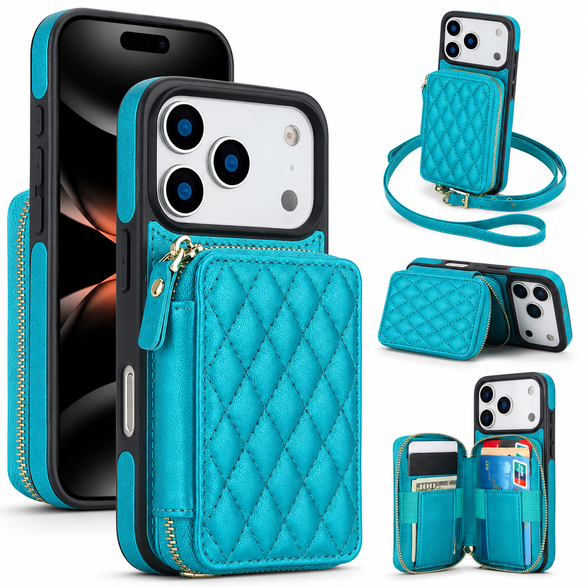 Premium iPhone Case RFID Blocking Crossbody Folio Wallet Zipper Handbag Card Holder Kickstand Wrist Strap Lanyard Magnetic Full Coverage Case Portable