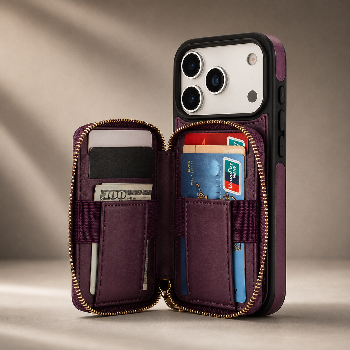 Premium iPhone Case RFID Blocking Crossbody Folio Wallet Zipper Handbag Card Holder Kickstand Wrist Strap Lanyard Magnetic Full Coverage Case Portable