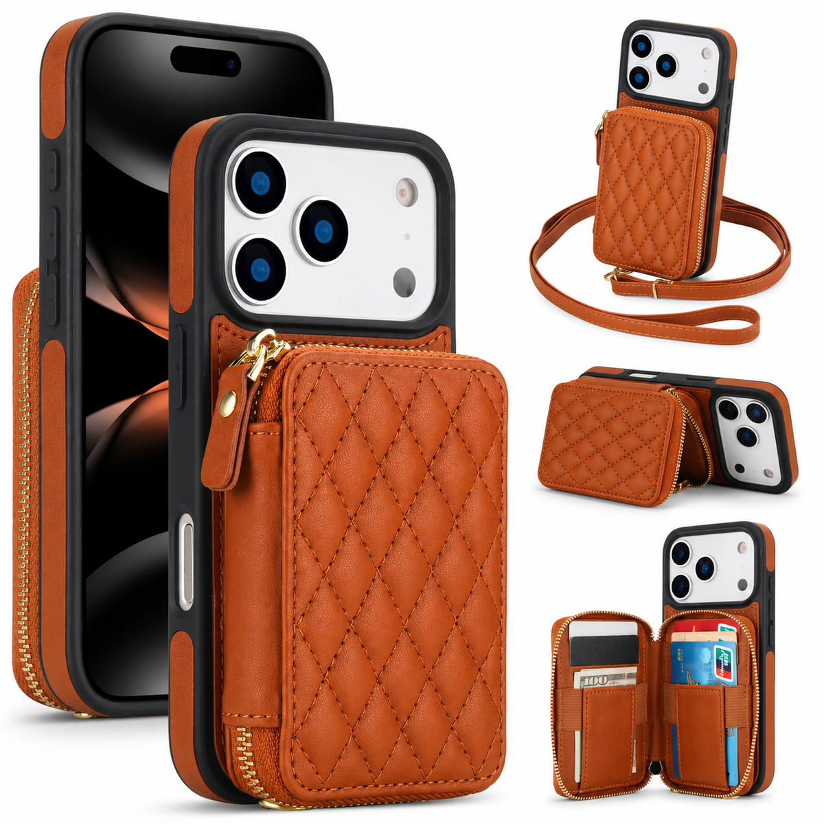 Premium iPhone Case RFID Blocking Crossbody Folio Wallet Zipper Handbag Card Holder Kickstand Wrist Strap Lanyard Magnetic Full Coverage Case Portable