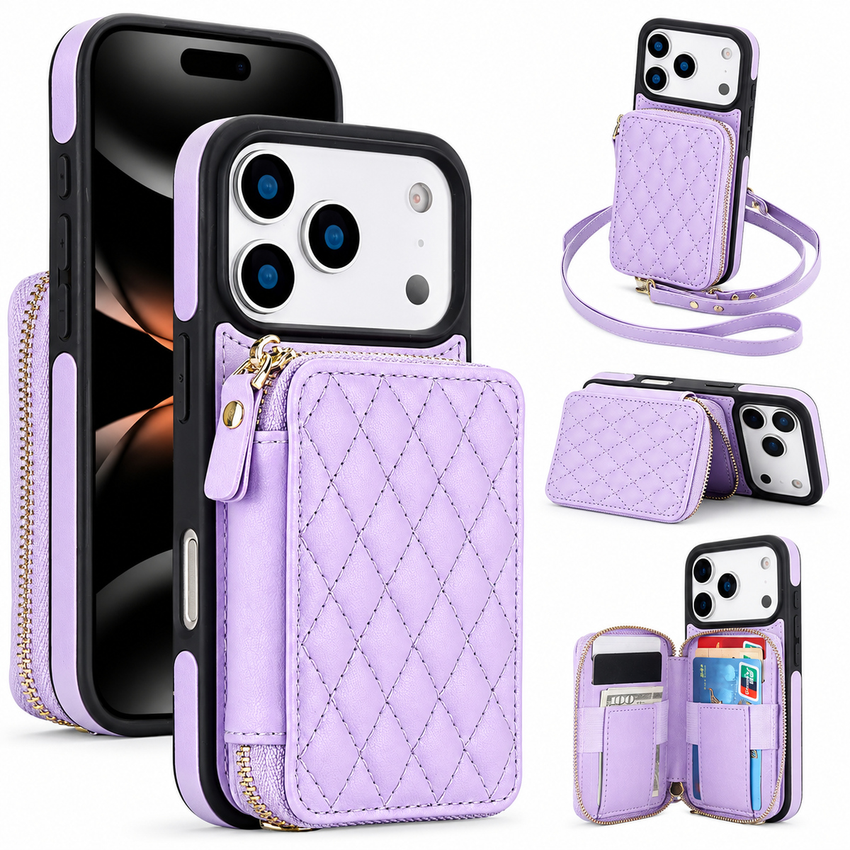 Premium iPhone Case RFID Blocking Crossbody Folio Wallet Zipper Handbag Card Holder Kickstand Wrist Strap Lanyard Magnetic Full Coverage Case Portable