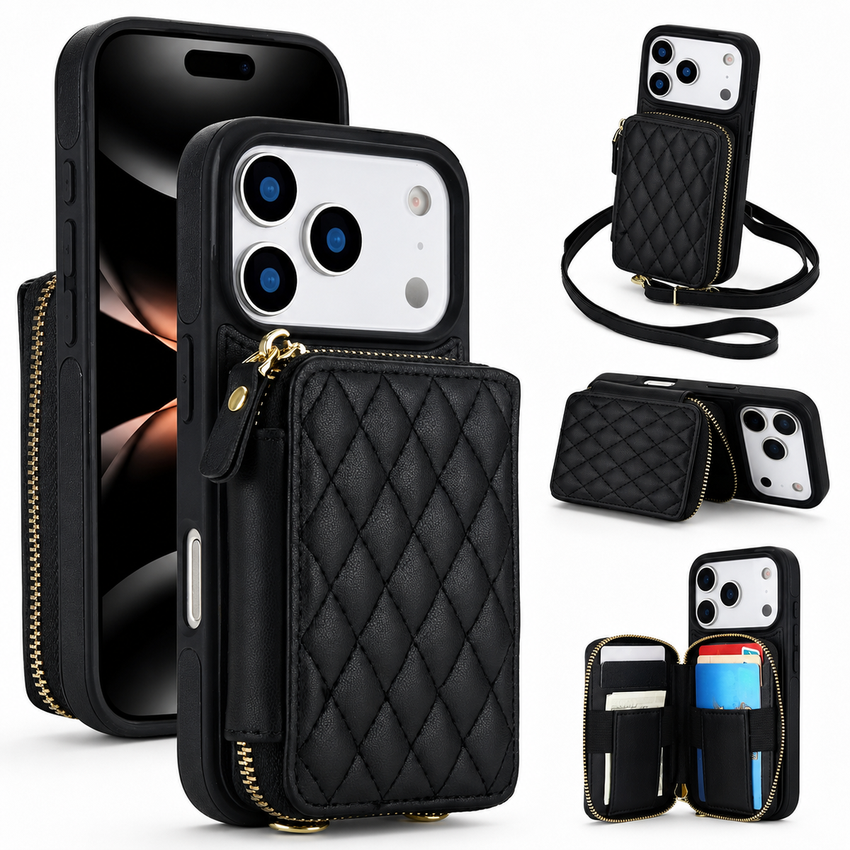 Premium iPhone Case RFID Blocking Crossbody Folio Wallet Zipper Handbag Card Holder Kickstand Wrist Strap Lanyard Magnetic Full Coverage Case Portable