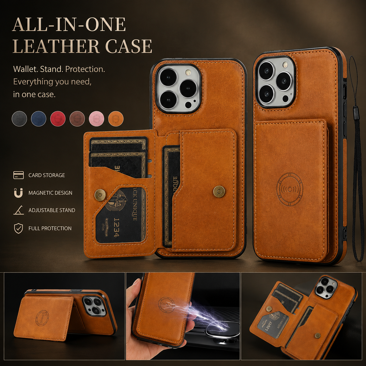 Premium iPhone Case RFID Blocking Leather Wallet Magnetic Closure Card Holder Shockproof Full Protection Anti Scratch Secure Storage Slim Cover