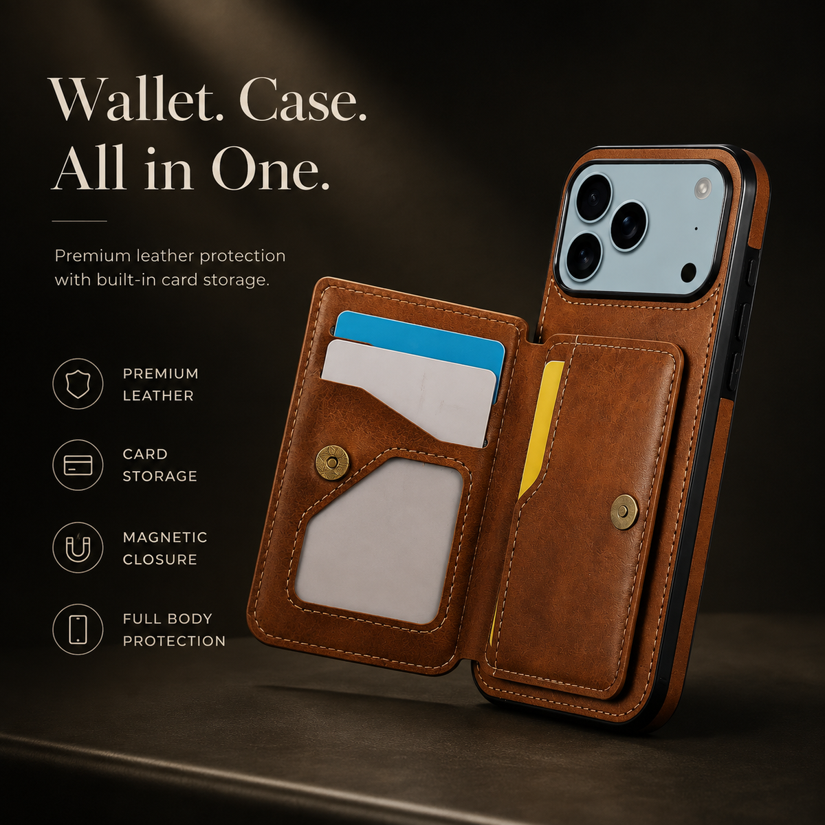 Premium iPhone Case RFID Blocking Leather Wallet Magnetic Closure Card Holder Shockproof Full Protection Anti Scratch Secure Storage Slim Cover