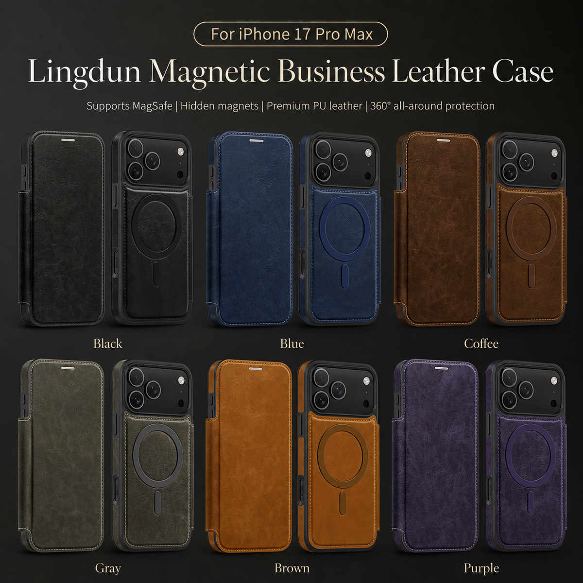 Premium iPhone Case RFID Blocking Magnetic Leather Wallet Flip Cover Card Holder Kickstand Shockproof Dual Layer Wireless Charging Protective Design