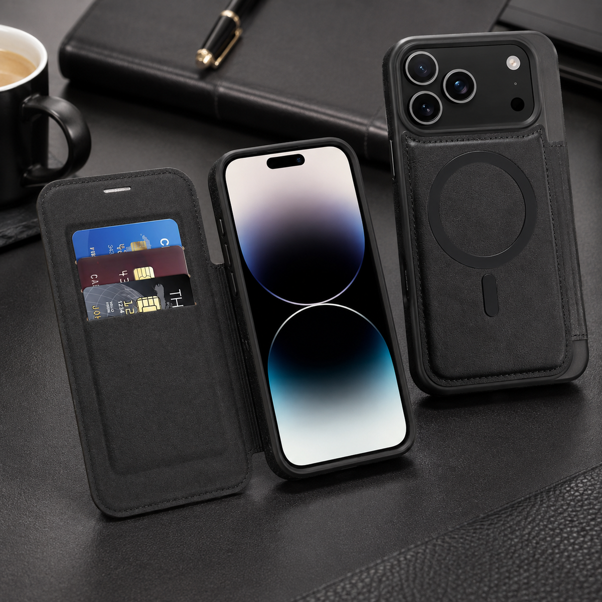Premium iPhone Case RFID Blocking Magnetic Leather Wallet Flip Cover Card Holder Kickstand Shockproof Dual Layer Wireless Charging Protective Design