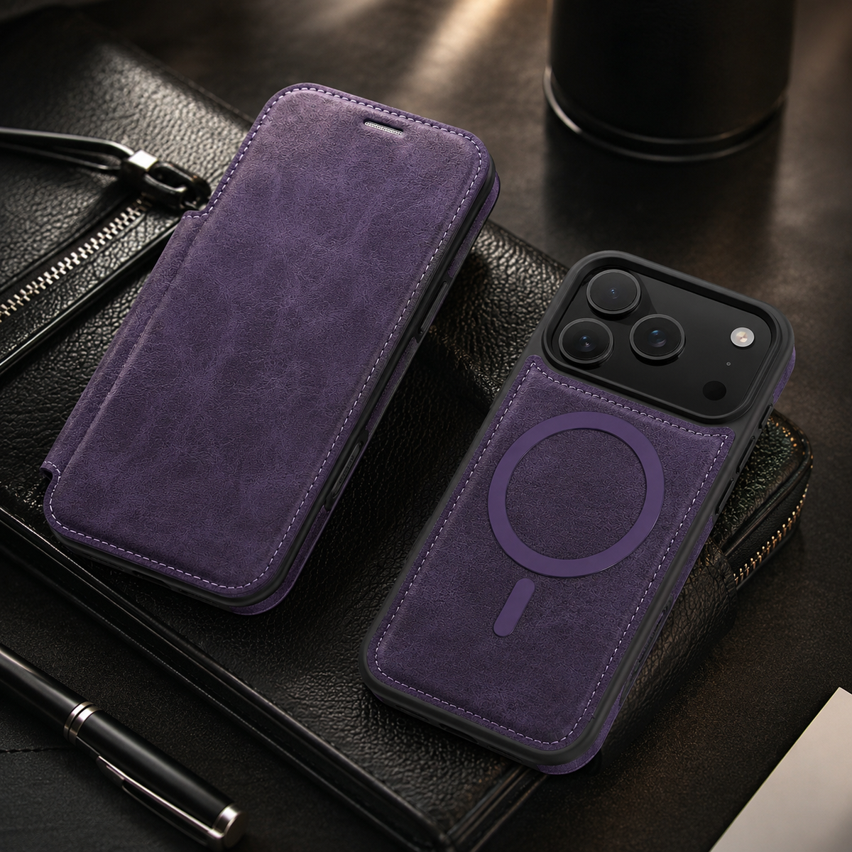 Premium iPhone Case RFID Blocking Magnetic Leather Wallet Flip Cover Card Holder Kickstand Shockproof Dual Layer Wireless Charging Protective Design