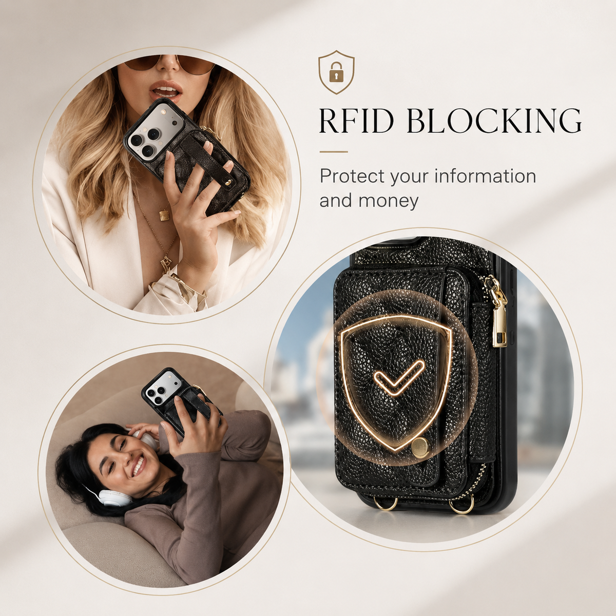 Premium iPhone Case RFID Blocking PU Leather Wallet Cover Wrist Strap Crossbody Card Holder Storage Full Protection For Travel Carry Wallet Pouch Case