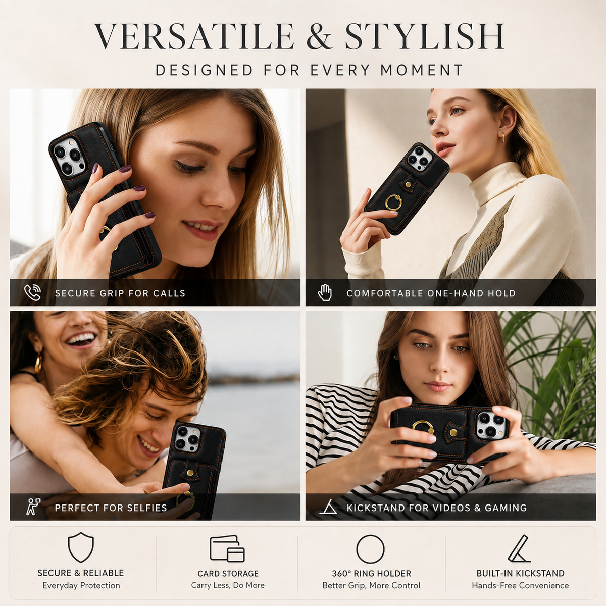 Premium iPhone Case RFID Blocking Wallet Cover PU Leather Card Holder 360° Rotating Ring Kickstand Lanyard Shockproof Full Protection Slim Case Design
