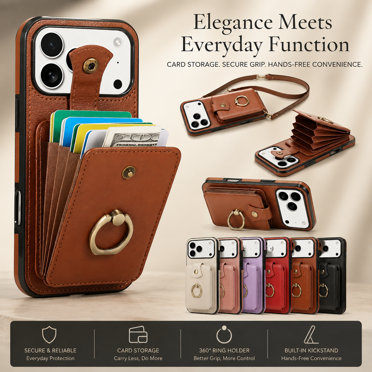 Premium iPhone Case RFID Blocking Wallet Cover PU Leather Card Holder 360° Rotating Ring Kickstand Lanyard Shockproof Full Protection Slim Case Design