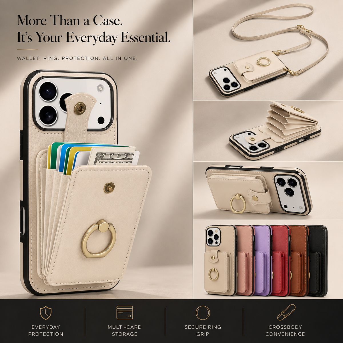 Premium iPhone Case RFID Blocking Wallet Cover PU Leather Card Holder 360° Rotating Ring Kickstand Lanyard Shockproof Full Protection Slim Case Design