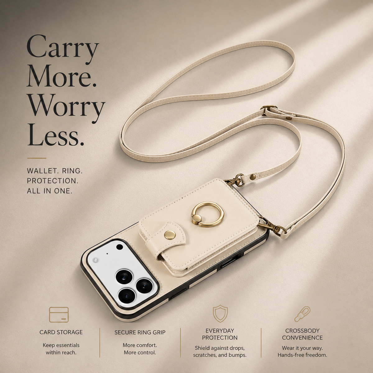 Premium iPhone Case RFID Blocking Wallet Cover PU Leather Card Holder 360° Rotating Ring Kickstand Lanyard Shockproof Full Protection Slim Case Design