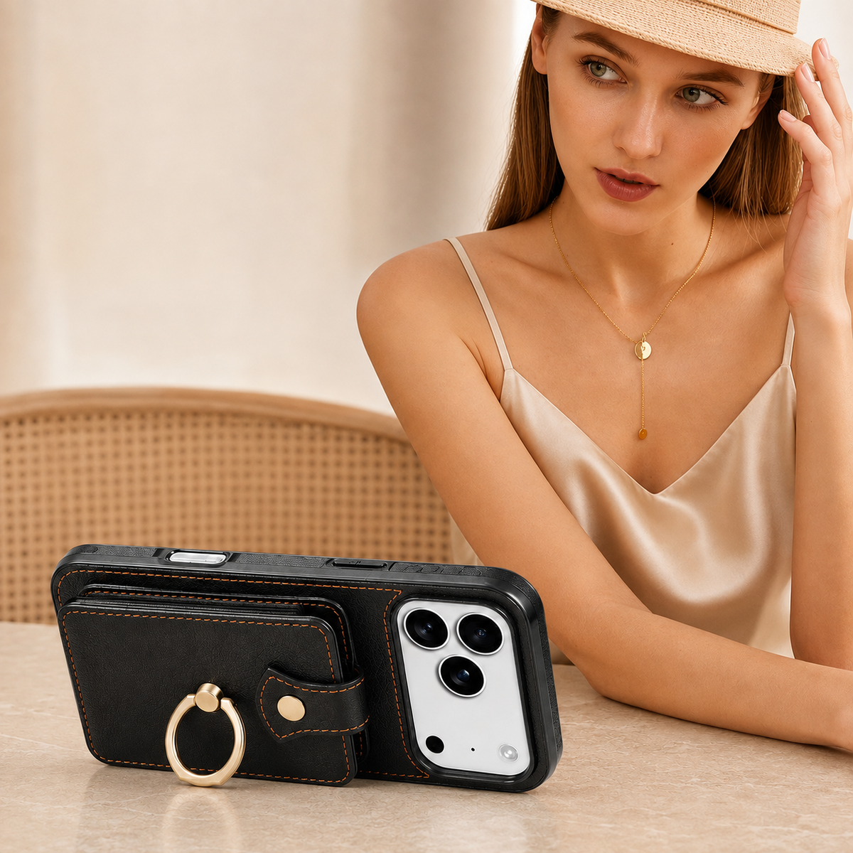 Premium iPhone Case RFID Blocking Wallet Cover PU Leather Card Holder 360° Rotating Ring Kickstand Lanyard Shockproof Full Protection Slim Case Design