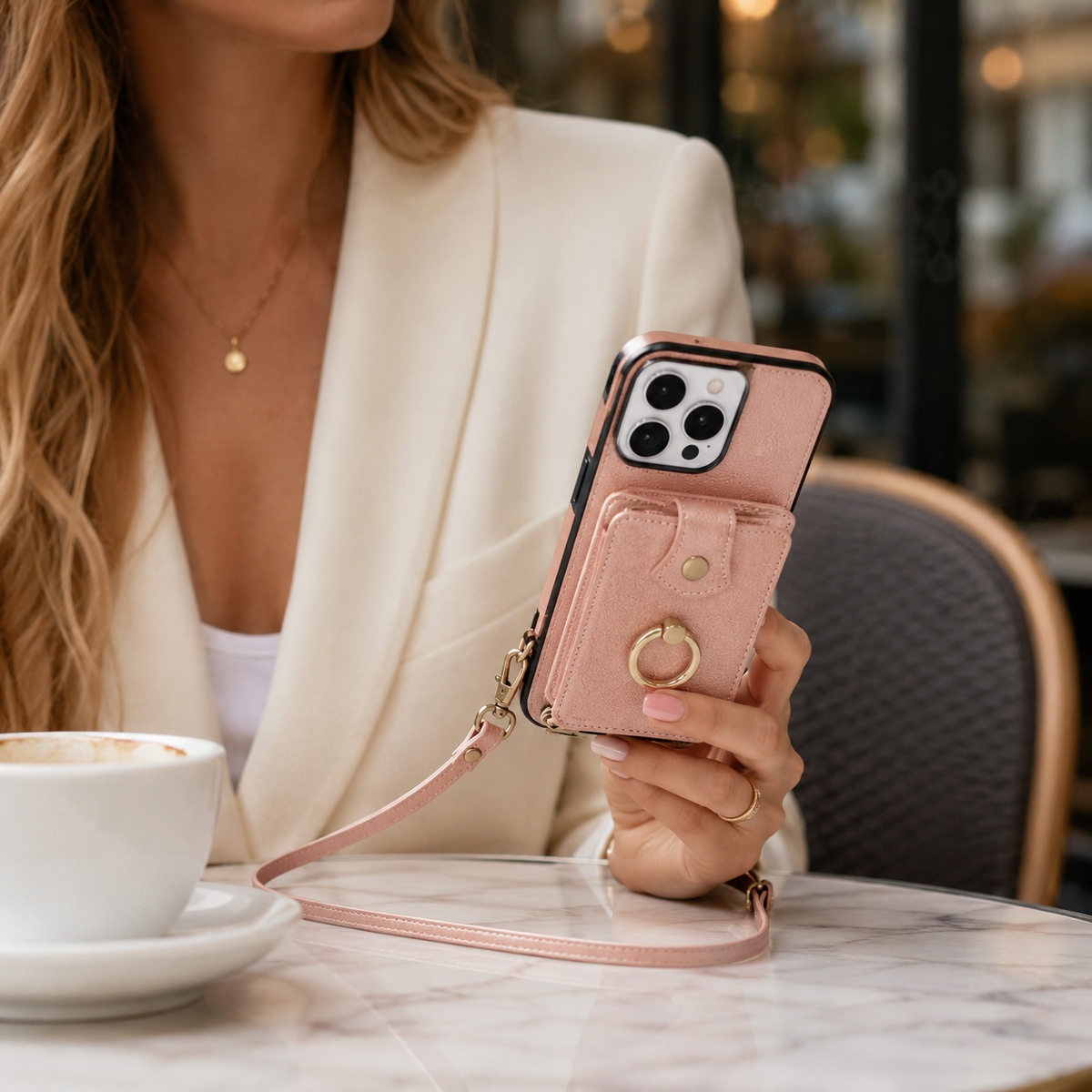 Premium iPhone Case RFID Blocking Wallet Cover PU Leather Card Holder 360° Rotating Ring Kickstand Lanyard Shockproof Full Protection Slim Case Design