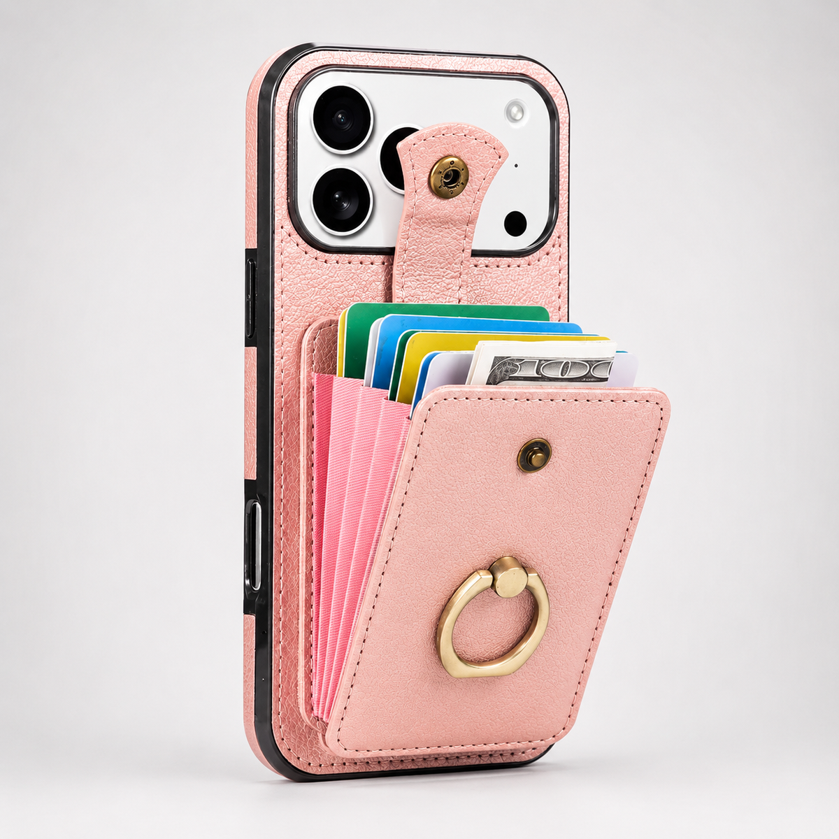 Premium iPhone Case RFID Blocking Wallet Cover PU Leather Card Holder 360° Rotating Ring Kickstand Lanyard Shockproof Full Protection Slim Case Design