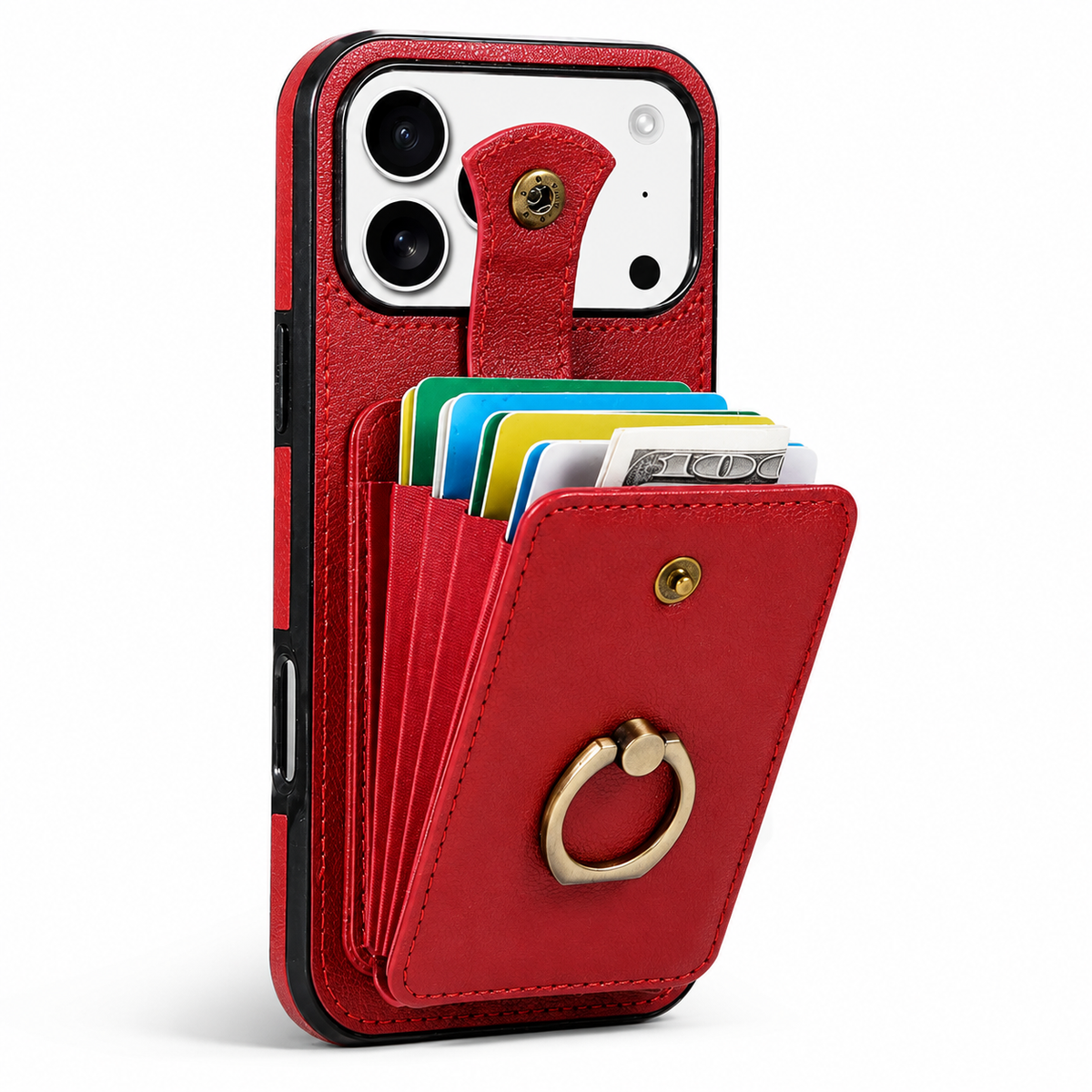 Premium iPhone Case RFID Blocking Wallet Cover PU Leather Card Holder 360° Rotating Ring Kickstand Lanyard Shockproof Full Protection Slim Case Design