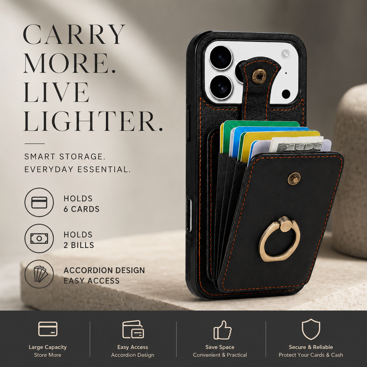 Premium iPhone Case RFID Blocking Wallet Cover PU Leather Card Holder 360° Rotating Ring Kickstand Lanyard Shockproof Full Protection Slim Case Design