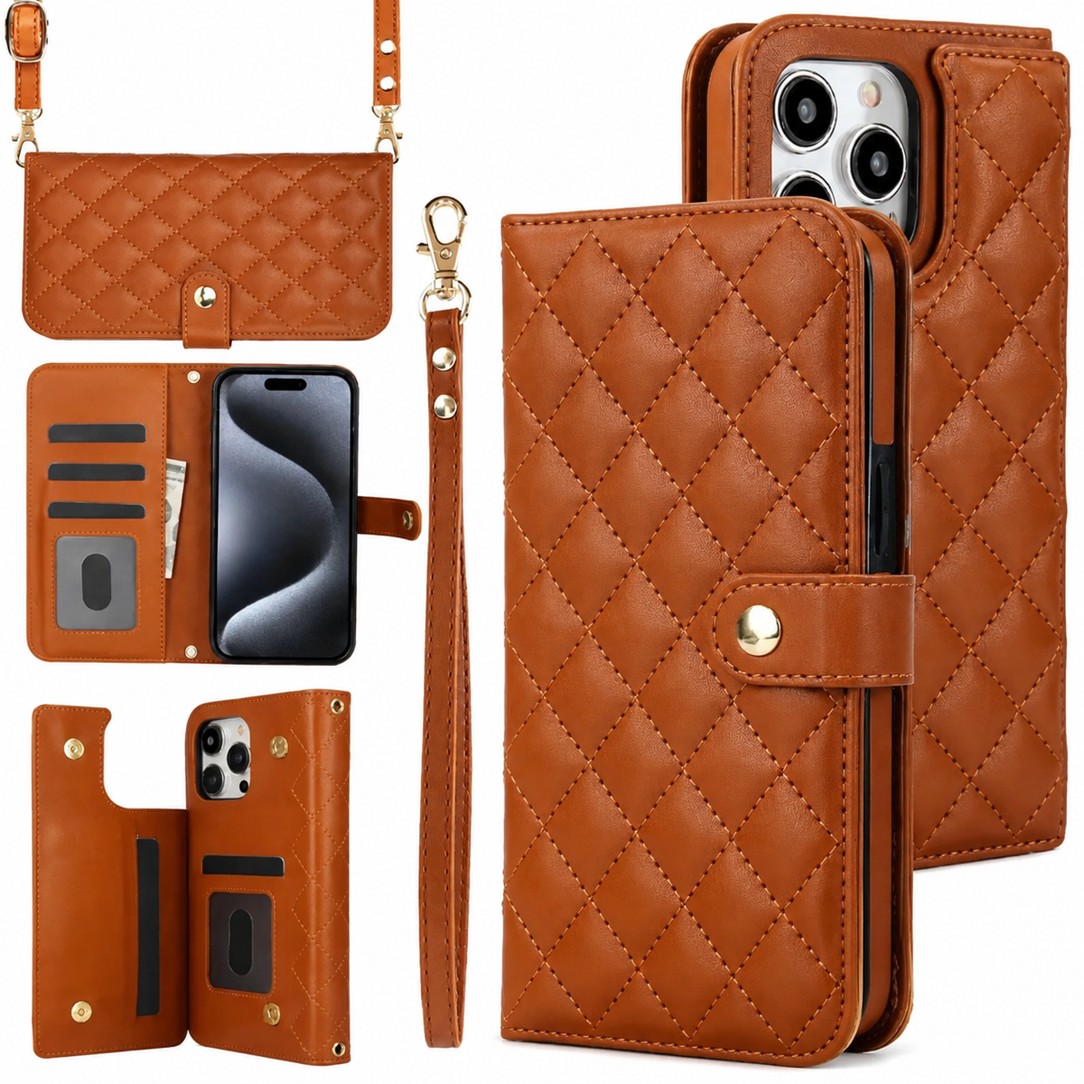 Premium iPhone Case RFID Blocking Wallet Crossbody Flip Cover PU Leather Card Holder Magnetic Closure Shockproof Protective Full Coverage Strap