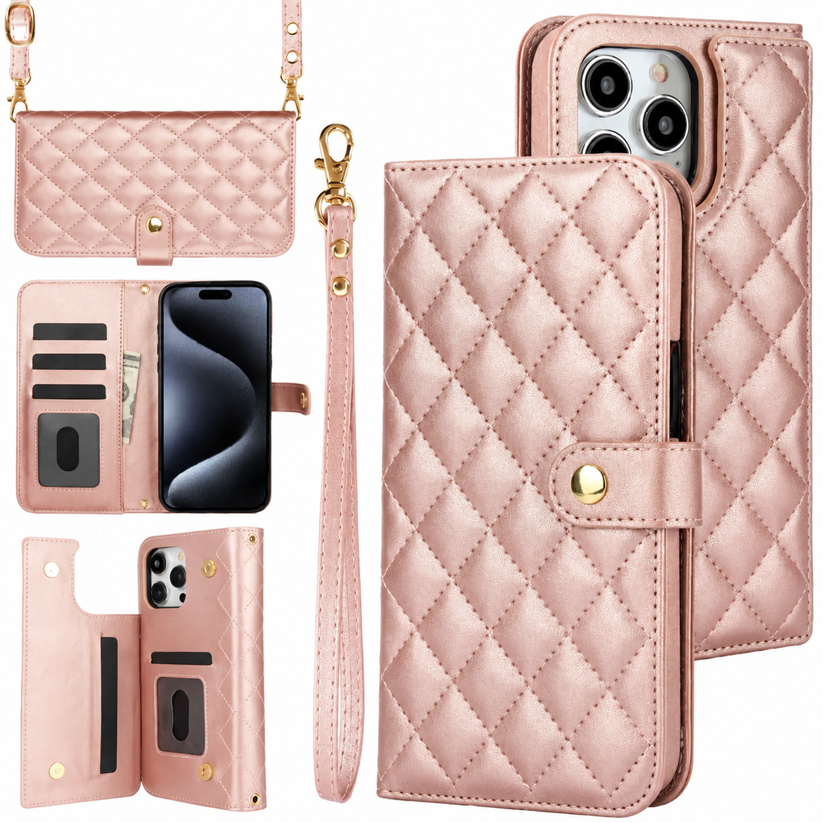 Premium iPhone Case RFID Blocking Wallet Crossbody Flip Cover PU Leather Card Holder Magnetic Closure Shockproof Protective Full Coverage Strap