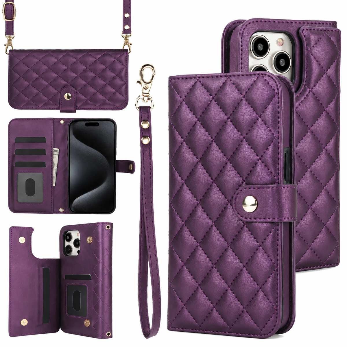 Premium iPhone Case RFID Blocking Wallet Crossbody Flip Cover PU Leather Card Holder Magnetic Closure Shockproof Protective Full Coverage Strap