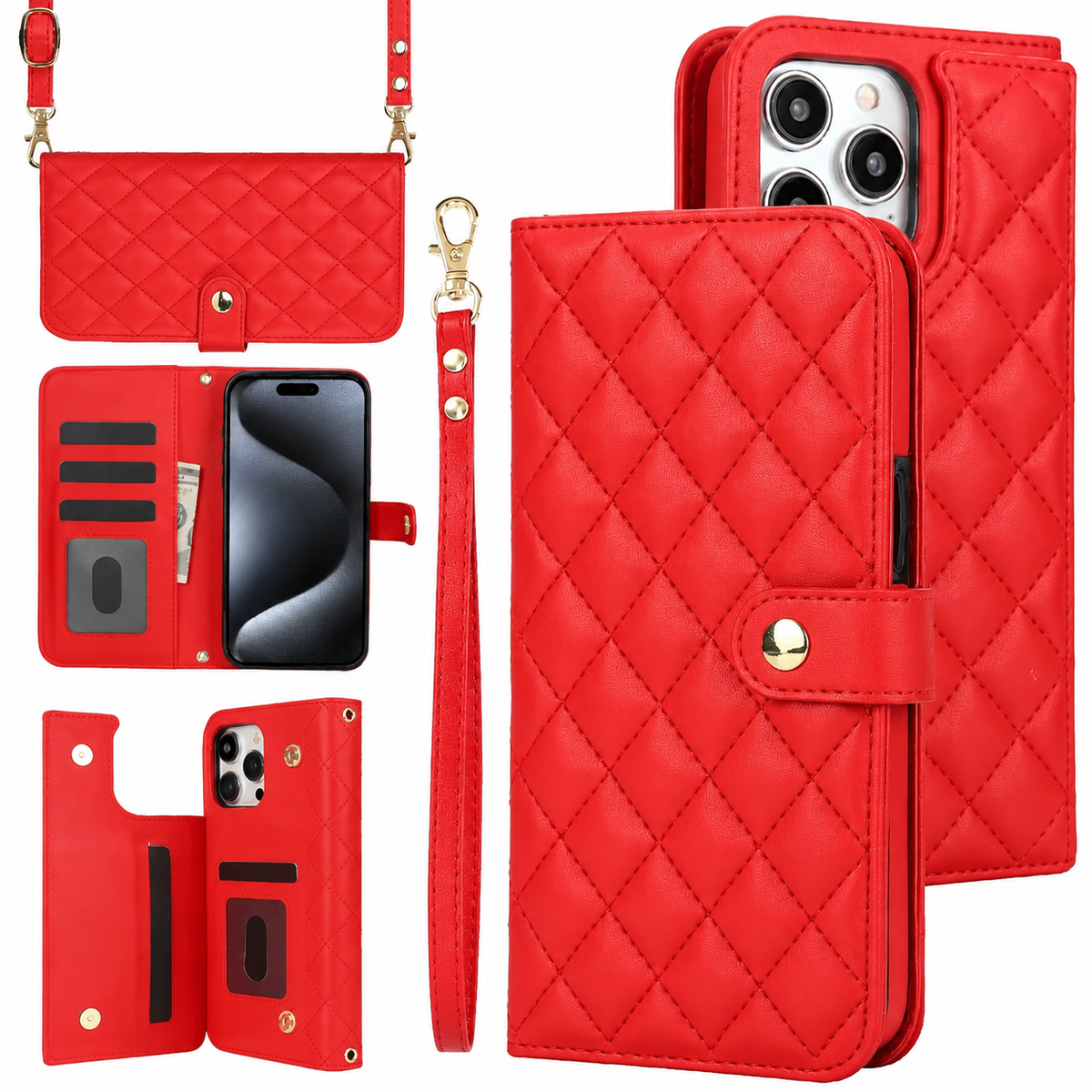 Premium iPhone Case RFID Blocking Wallet Crossbody Flip Cover PU Leather Card Holder Magnetic Closure Shockproof Protective Full Coverage Strap