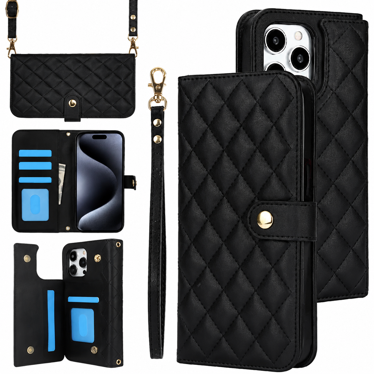 Premium iPhone Case RFID Blocking Wallet Crossbody Flip Cover PU Leather Card Holder Magnetic Closure Shockproof Protective Full Coverage Strap