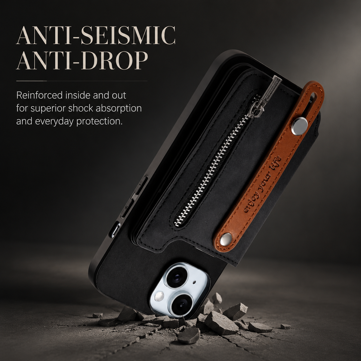 Premium iPhone Case Removable Zipper Wallet Flip Cover PU Leather Card Holder Magnetic Closure Wrist Strap Shockproof Full Coverage Slim Design Secure