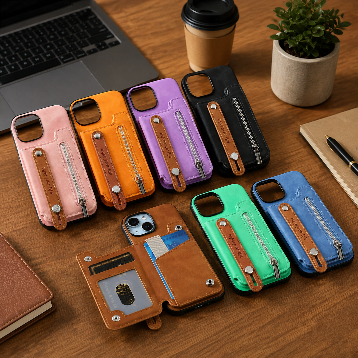 Premium iPhone Case Removable Zipper Wallet Flip Cover PU Leather Card Holder Magnetic Closure Wrist Strap Shockproof Full Coverage Slim Design Secure