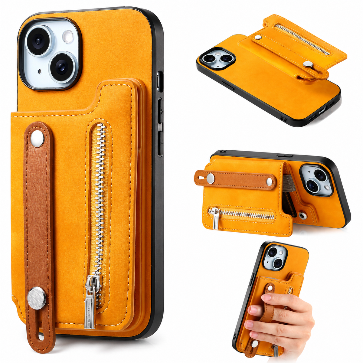 Premium iPhone Case Removable Zipper Wallet Flip Cover PU Leather Card Holder Magnetic Closure Wrist Strap Shockproof Full Coverage Slim Design Secure
