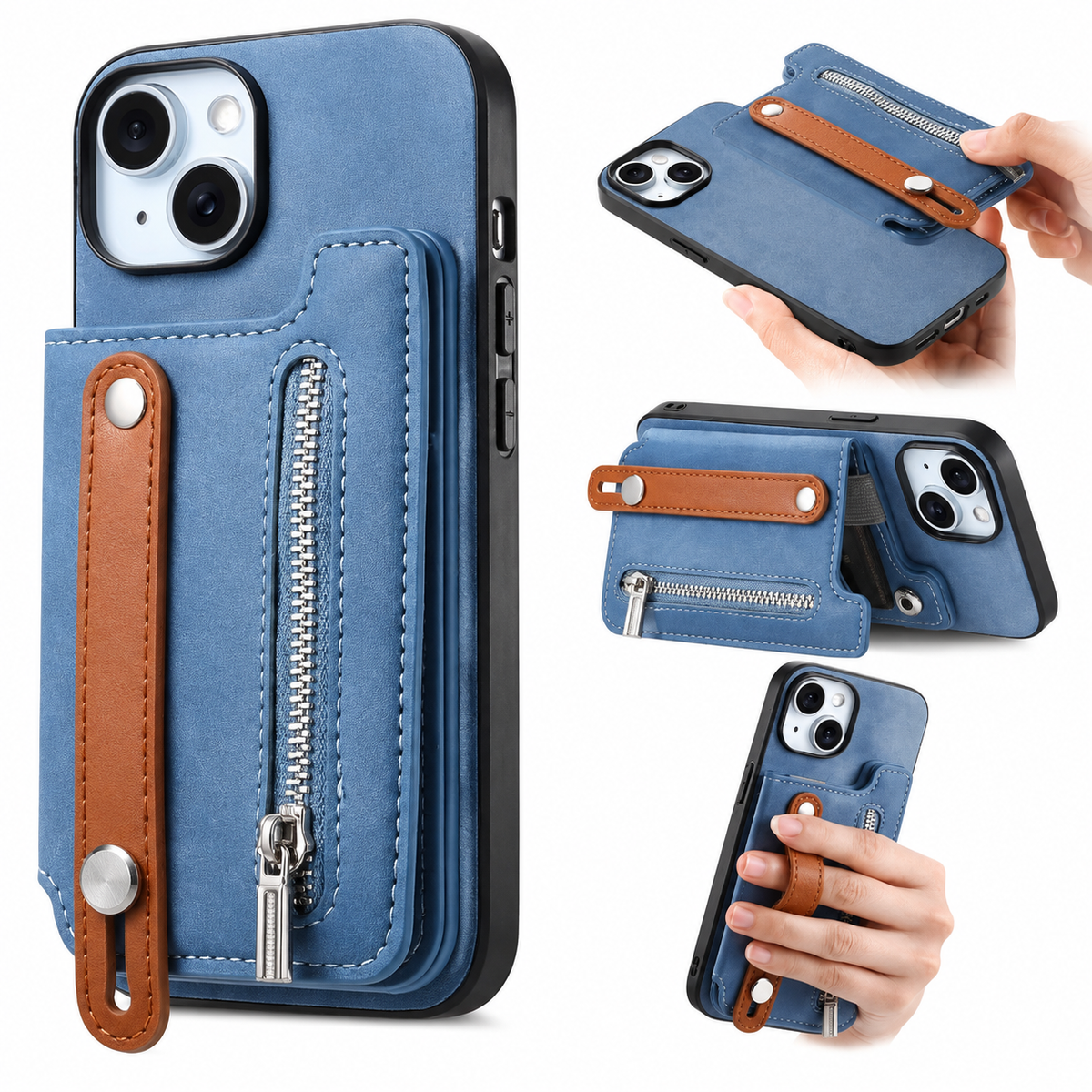 Premium iPhone Case Removable Zipper Wallet Flip Cover PU Leather Card Holder Magnetic Closure Wrist Strap Shockproof Full Coverage Slim Design Secure