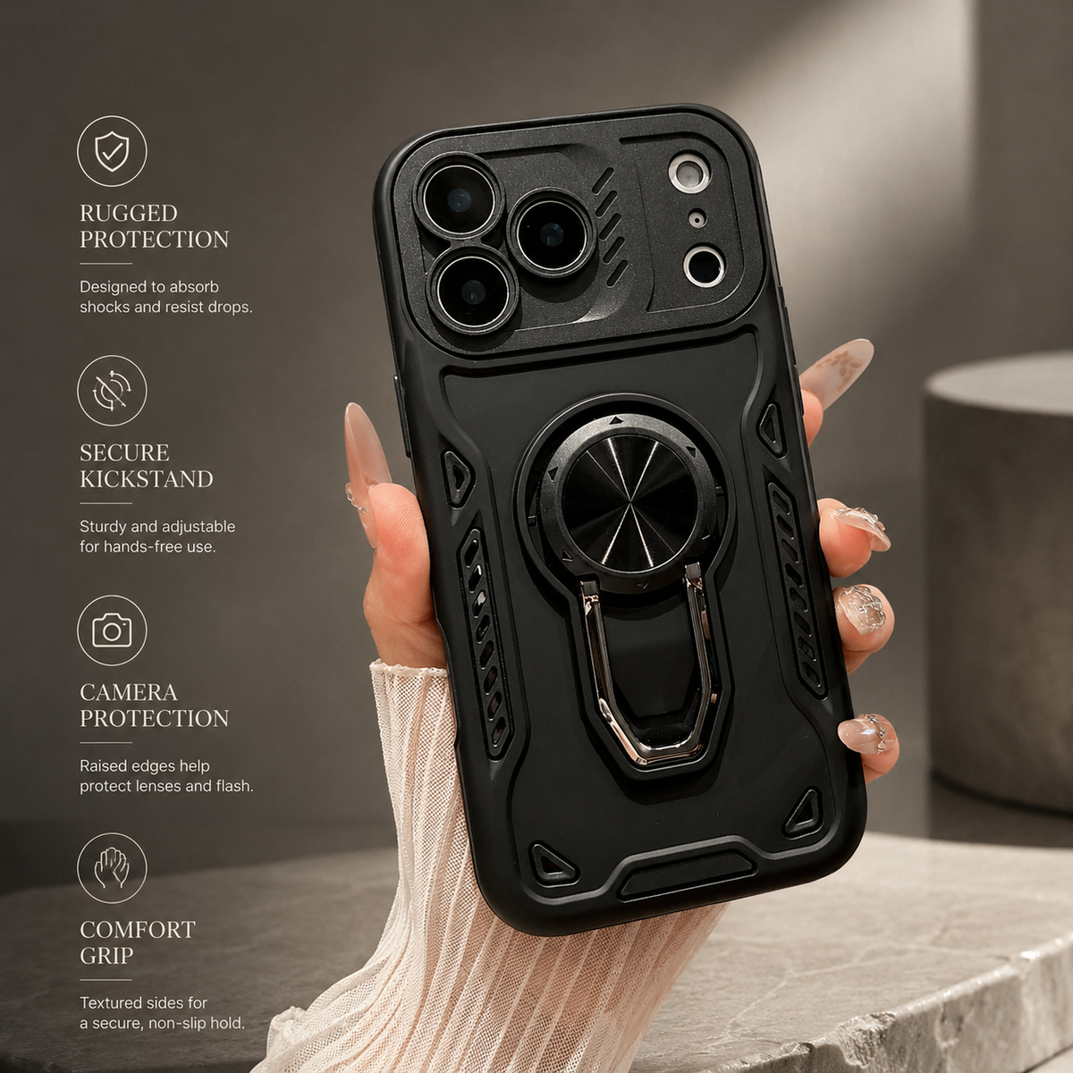 Premium iPhone Case Ring Holder Invisible Kickstand Shockproof PC TPU Protective Cover Anti Scratch Anti Fingerprint Matte Non Slip Slim Fit Stand Case