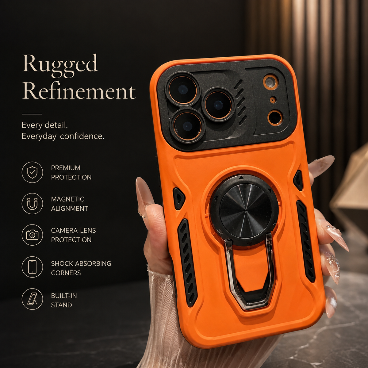 Premium iPhone Case Ring Holder Invisible Kickstand Shockproof PC TPU Protective Cover Anti Scratch Anti Fingerprint Matte Non Slip Slim Fit Stand Case