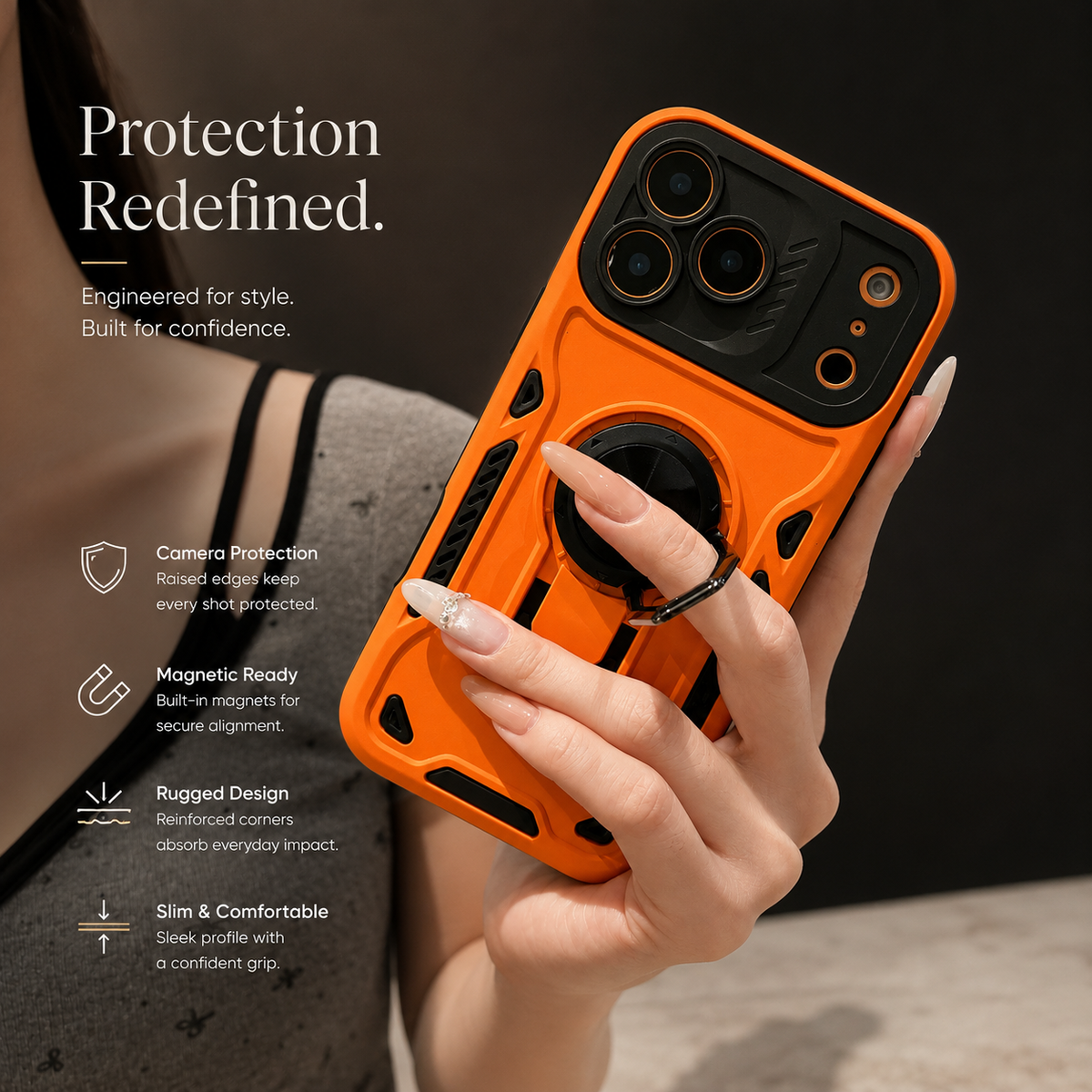 Premium iPhone Case Ring Holder Invisible Kickstand Shockproof PC TPU Protective Cover Anti Scratch Anti Fingerprint Matte Non Slip Slim Fit Stand Case
