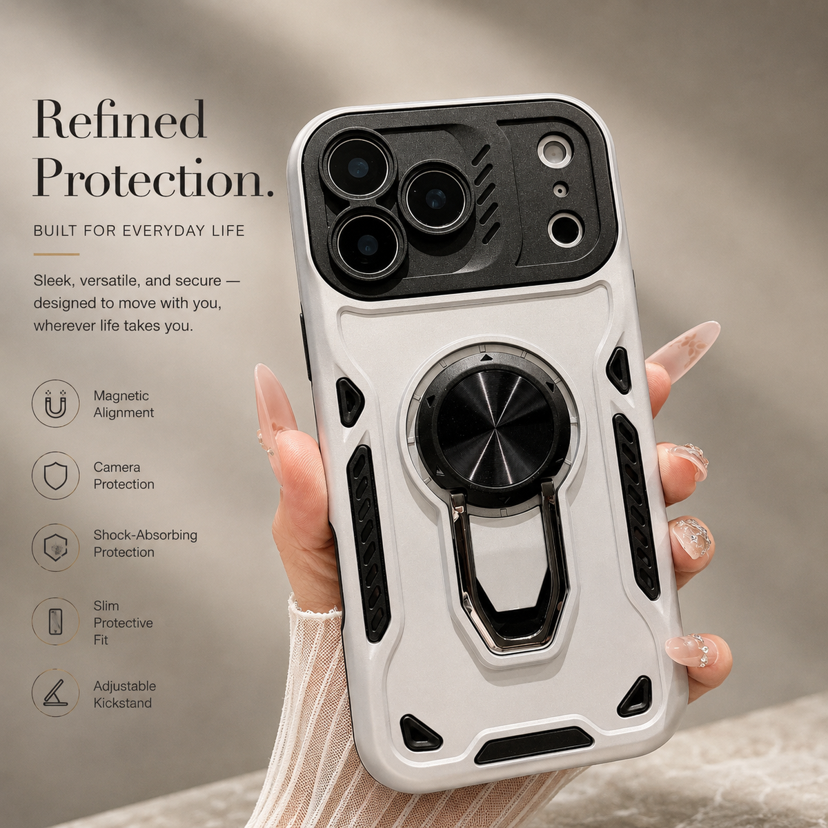 Premium iPhone Case Ring Holder Invisible Kickstand Shockproof PC TPU Protective Cover Anti Scratch Anti Fingerprint Matte Non Slip Slim Fit Stand Case