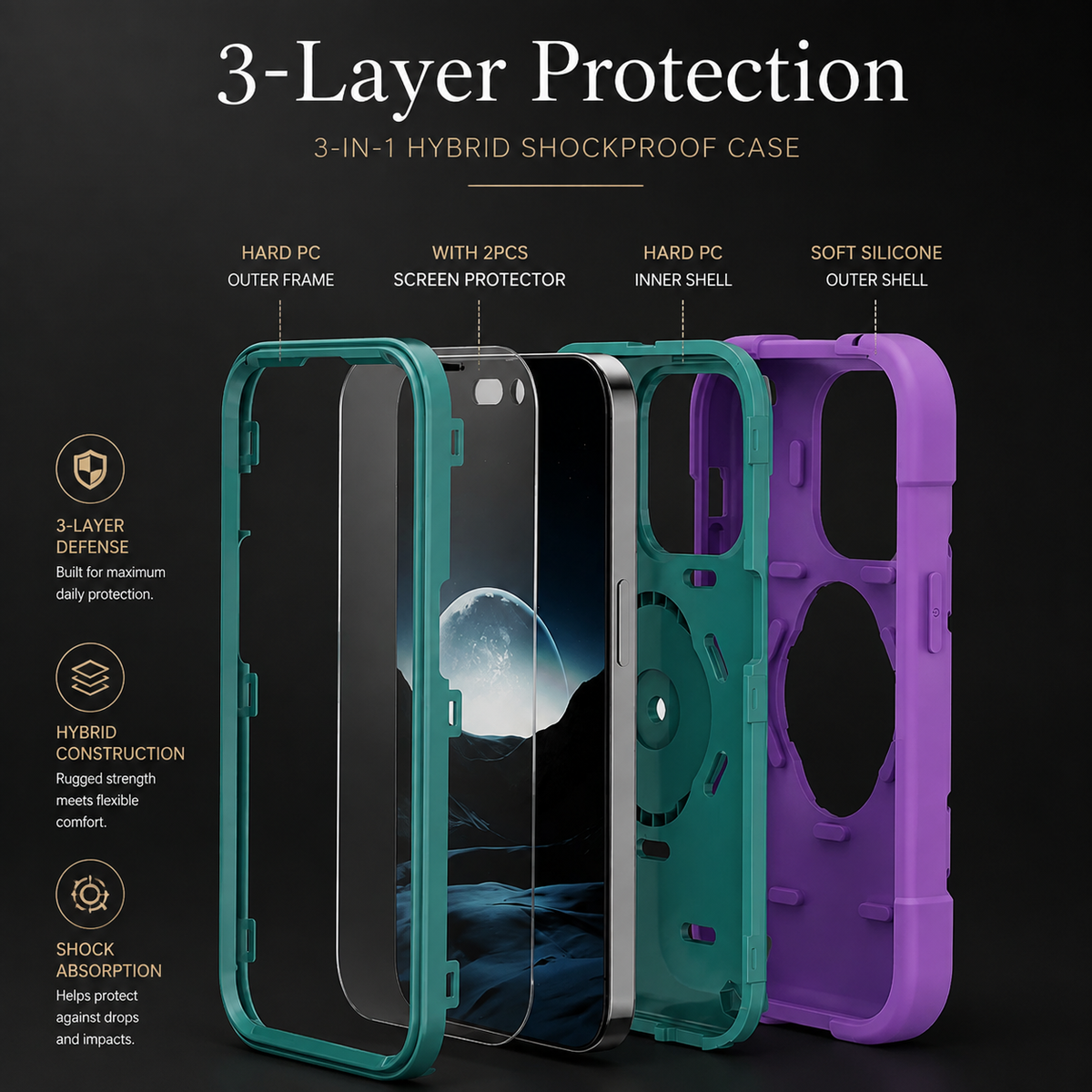 Premium iPhone Case Rugged Military Grade Dual Layer Shockproof Armor Kickstand Ring Holder Anti Slip Grip Full Protection Heavy Duty Protective Cover