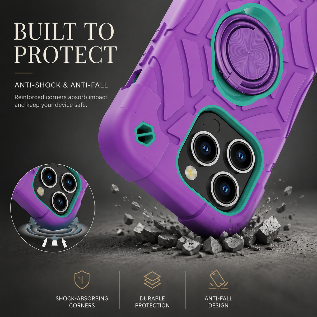 Premium iPhone Case Rugged Military Grade Dual Layer Shockproof Armor Kickstand Ring Holder Anti Slip Grip Full Protection Heavy Duty Protective Cover