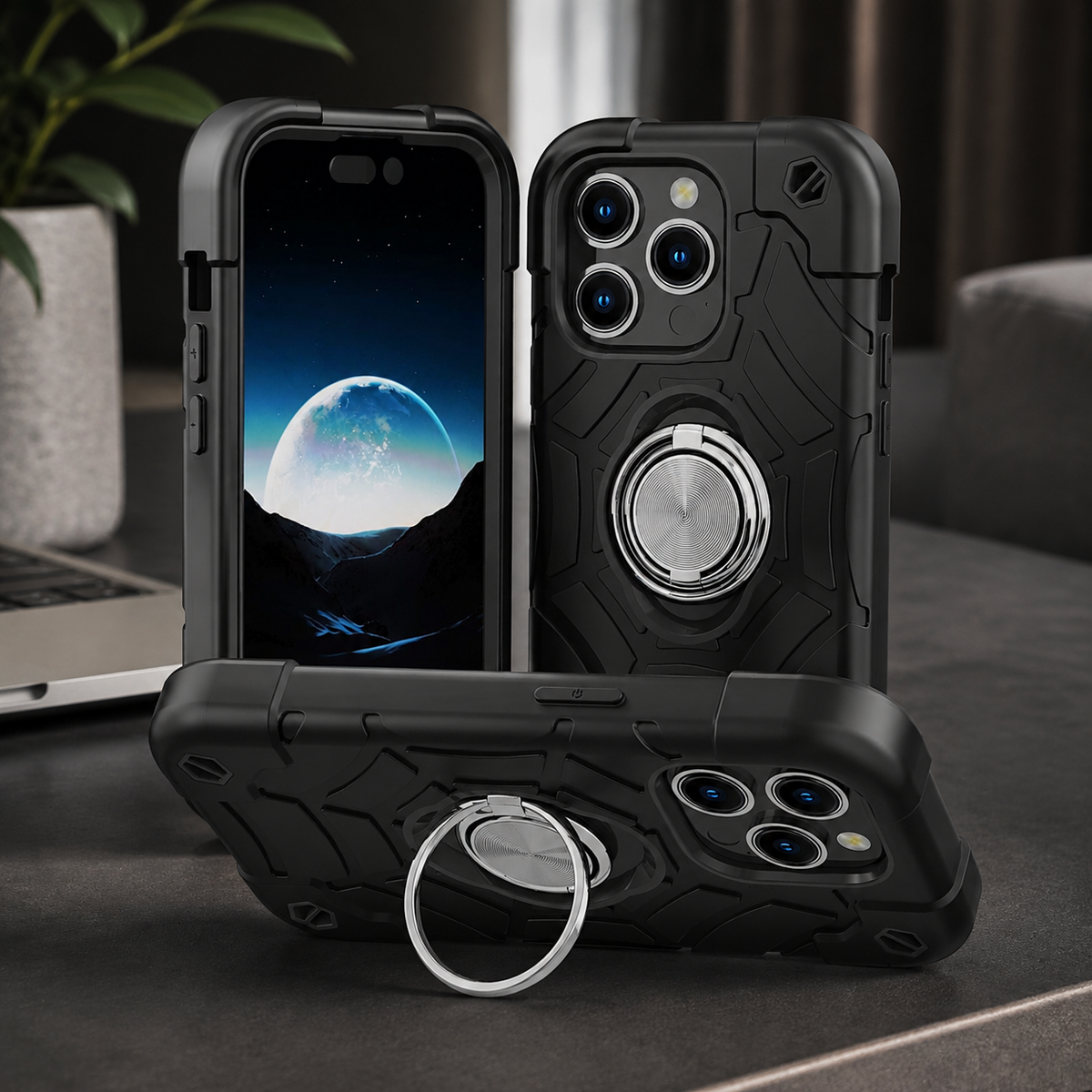 Premium iPhone Case Rugged Military Grade Dual Layer Shockproof Armor Kickstand Ring Holder Anti Slip Grip Full Protection Heavy Duty Protective Cover